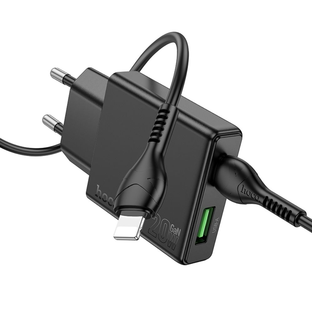 Сетевое зарядное устройство Hoco N38 USB/ Type-C, Quick Charge, PowerDelivery, с кабелем Type-C на Lightning, черное