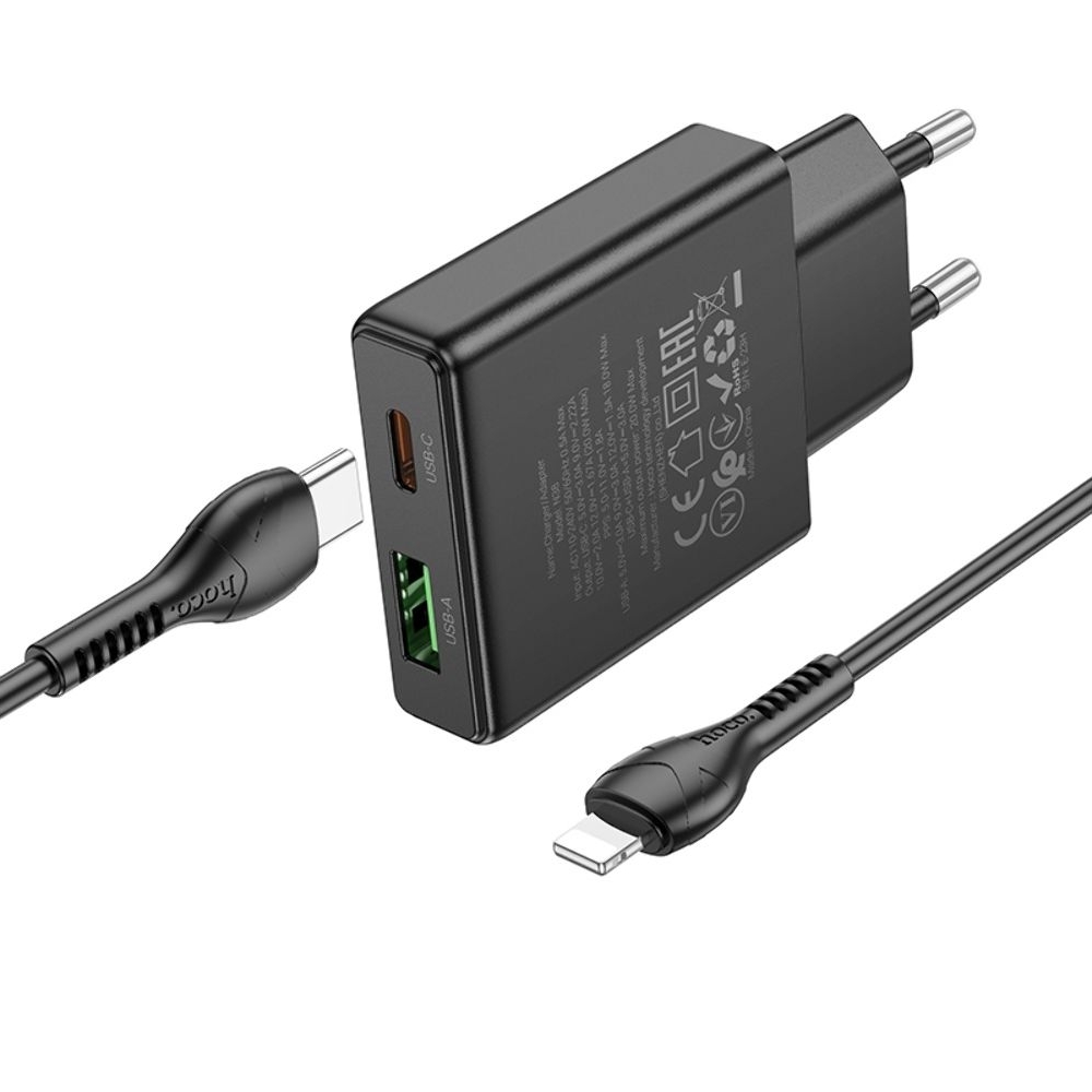 Сетевое зарядное устройство Hoco N38 USB/ Type-C, Quick Charge, PowerDelivery, с кабелем Type-C на Lightning, черное