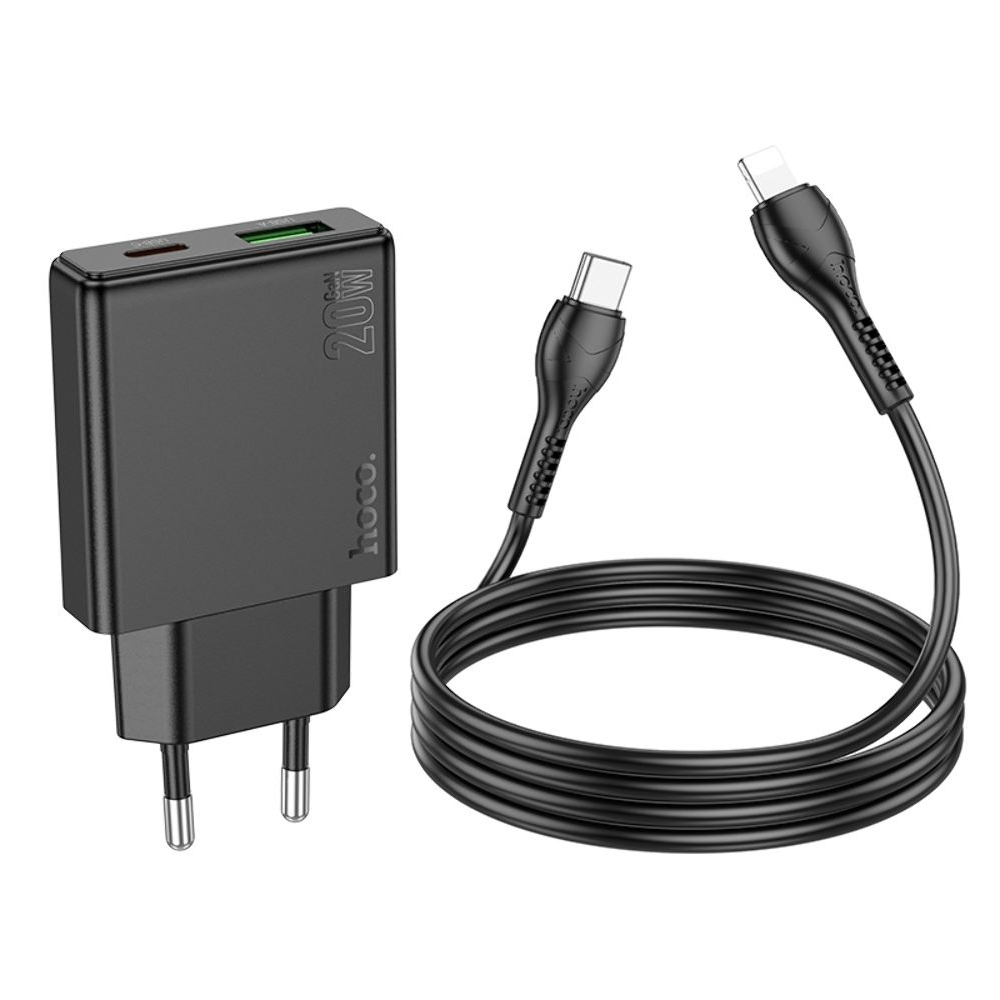 Сетевое зарядное устройство Hoco N38 USB/ Type-C, Quick Charge, PowerDelivery, с кабелем Type-C на Lightning, черное