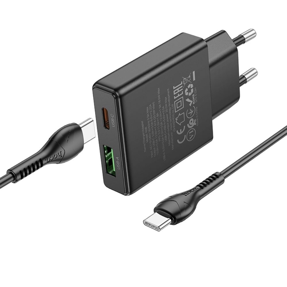 Сетевое зарядное устройство Hoco N38 USB/ Type-C, Quick Charge, PowerDelivery, с кабелем Type-C на Type-C, черное