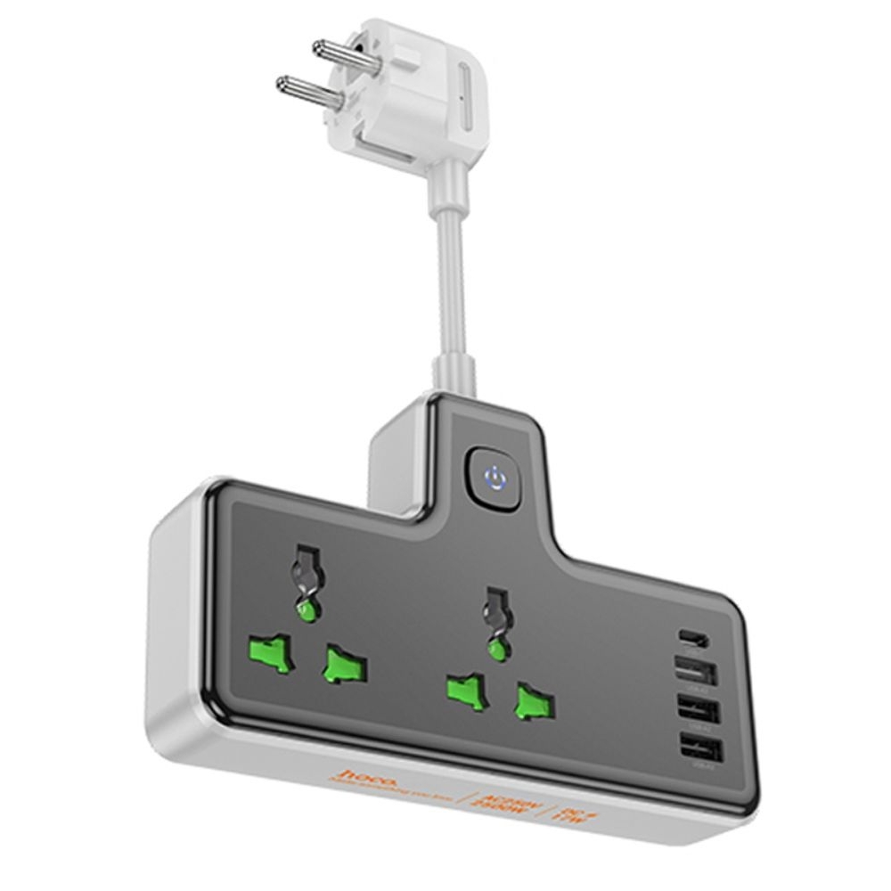 Сетевое зарядное устройство-удлинитель Hoco AC11A, 3 USB, 1 Type-C, 2 розетки, черное