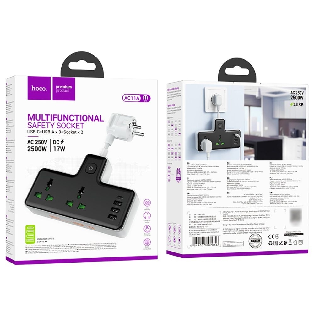Сетевое зарядное устройство-удлинитель Hoco AC11A, 3 USB, 1 Type-C, 2 розетки, черное