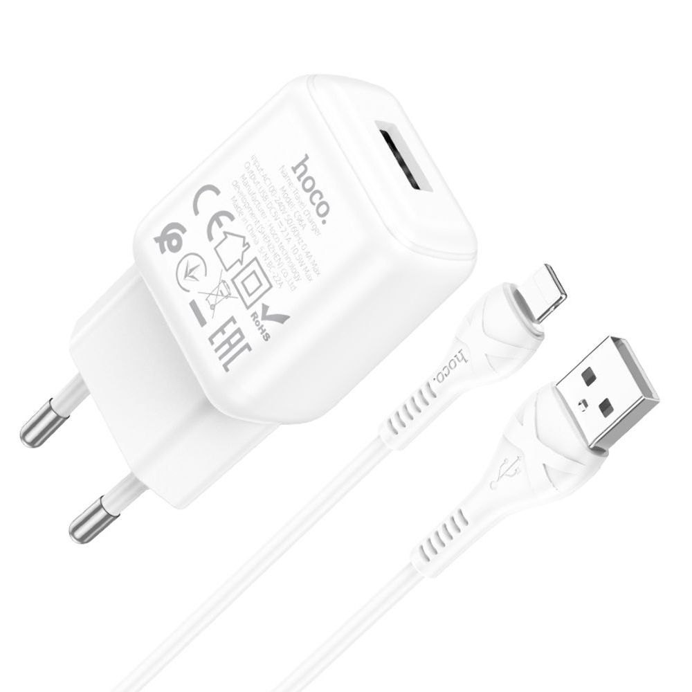 Сетевое зарядное устройство Hoco C96A, USB, белое, с кабелем USB на Lightning