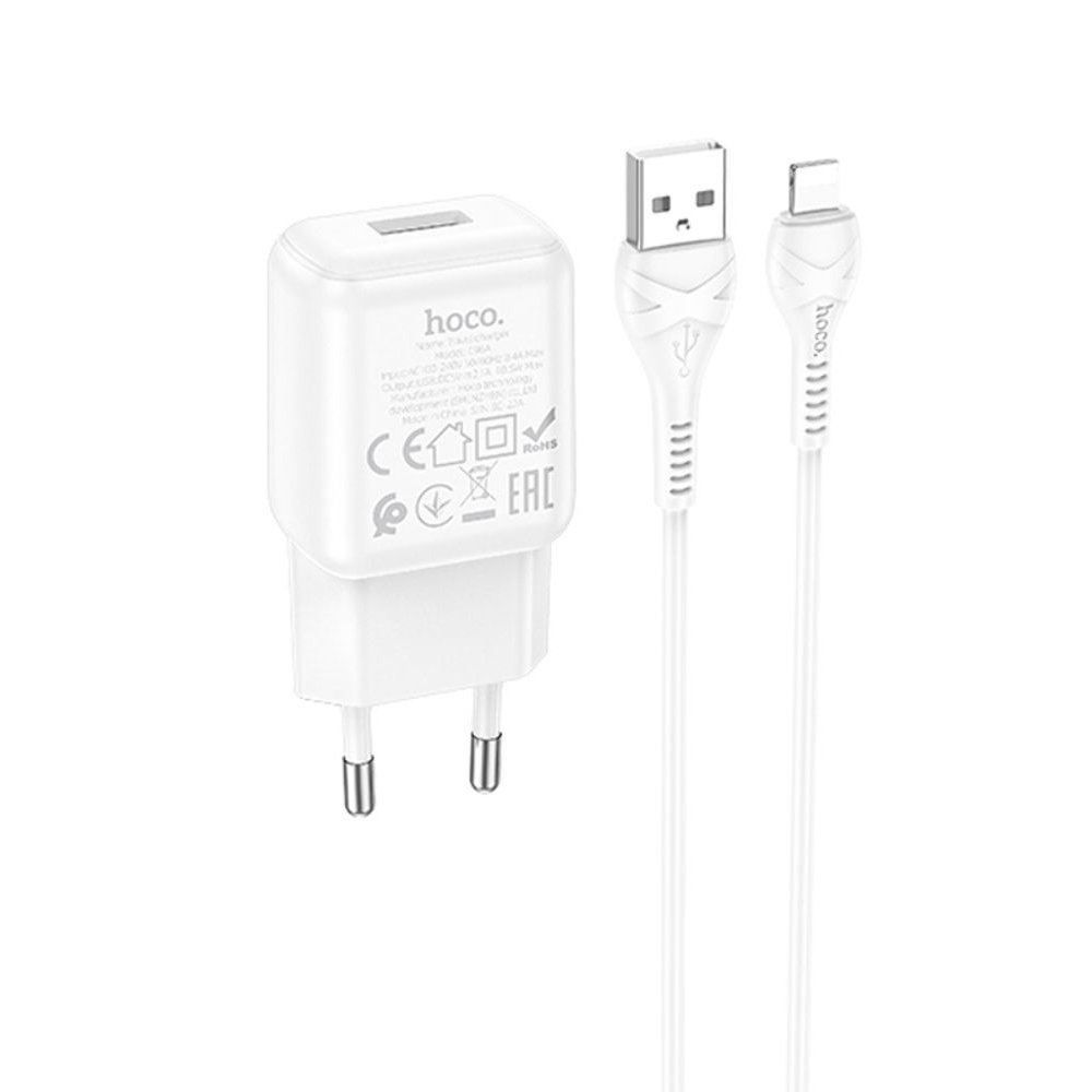 Сетевое зарядное устройство Hoco C96A, USB, белое, с кабелем USB на Lightning