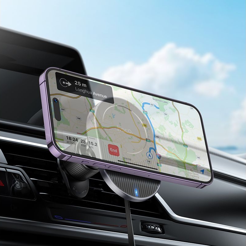 Автодержатель Hoco HW12, магнитный, с функцией беспроводной зарядки, чорний, сірий