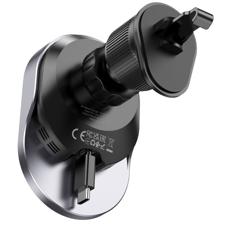 Автодержатель Hoco HW12, магнитный, с функцией беспроводной зарядки, чорний, сірий