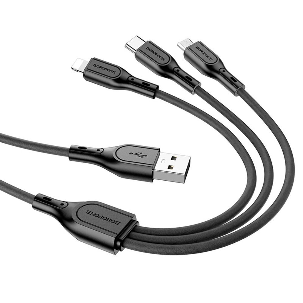 Кабель Borofone BX66 3в1 USB to Type-C/ Lightning/ MicroUSB 1m, чорний