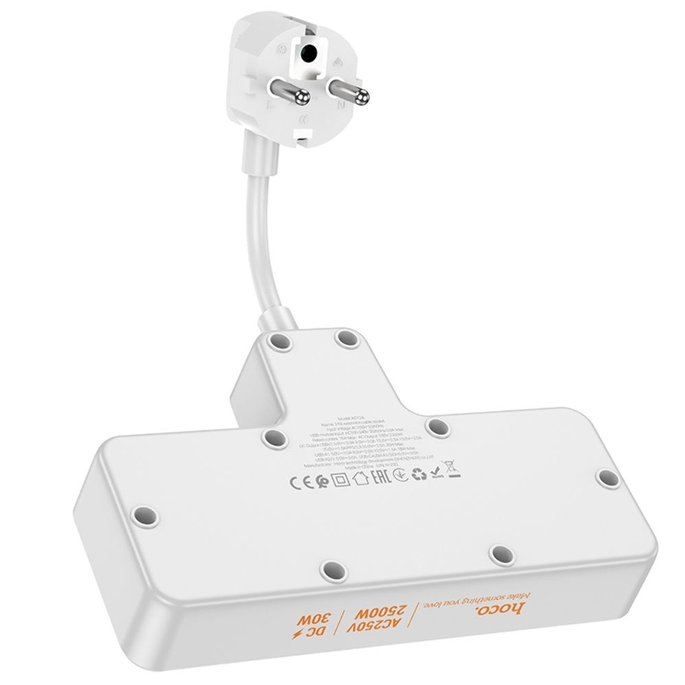Сетевое зарядное устройство удлинитель Hoco AC12A, 3 USB, Type-C, Power Delivery (30 Вт), 2 розетки, 100 см, чорний