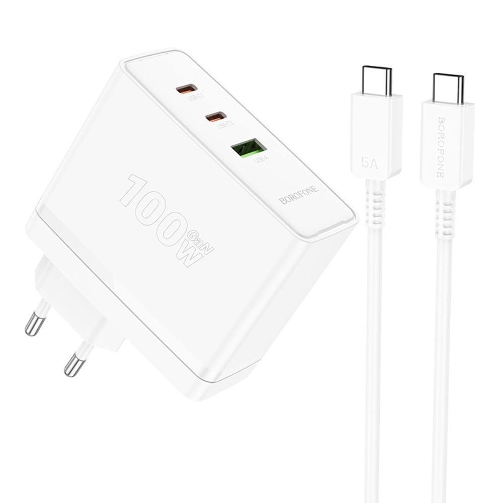 Сетевое зарядное устройство Borofone BN11, 1 USB, 2 Type-C, PowerDelyvery (100 Вт), белое, с кабелем кабель Type-C на Type-C