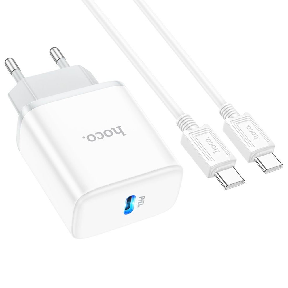 Сетевое зарядное устройство Hoco C104A, Type-C белое + кабель Type-C на Type-C