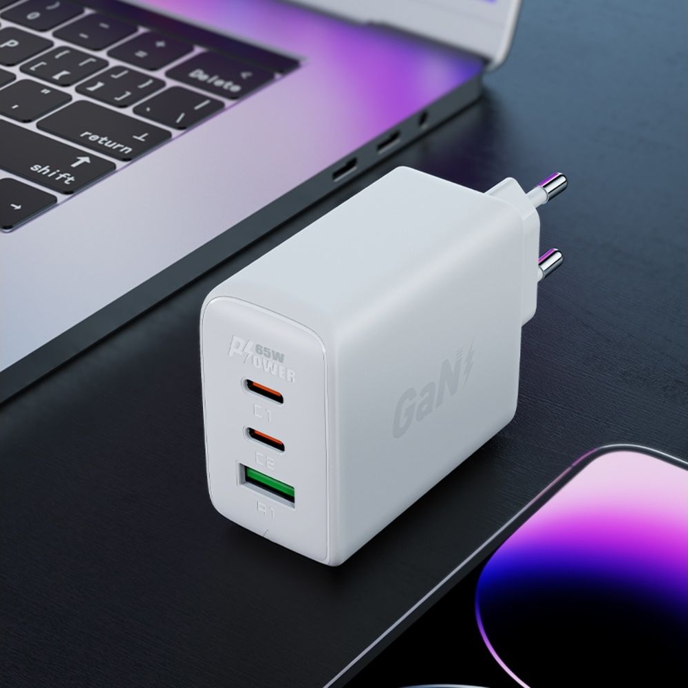 Сетевое зарядное устройство Acefast A41, 1 USB, 2 Type-C, Quick Charge, Power Delivery (65 Вт), GaN, белое