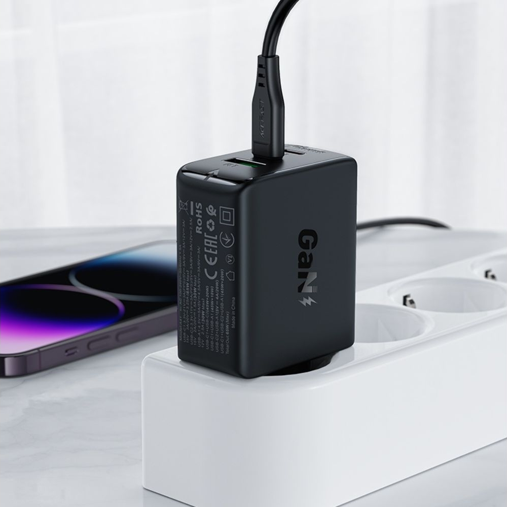 Сетевое зарядное устройство Acefast A41, 1 USB, 2 Type-C, Quick Charge, Power Delivery (65 Вт), GaN, черное