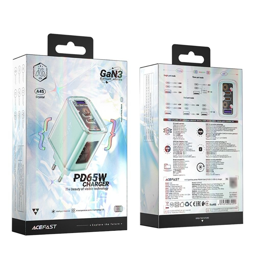 Сетевое зарядное устройство Acefast A45, 1 USB, 2 Type-C, Quick Charge, Power Delivery (65 Вт), GaN, бирюзовое