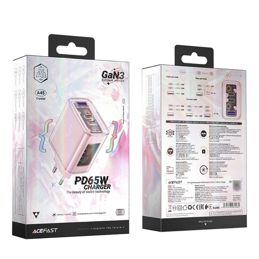 Сетевое зарядное устройство Acefast A45, 1 USB, 2 Type-C, Quick Charge, Power Delivery (65 Вт), GaN, розовое