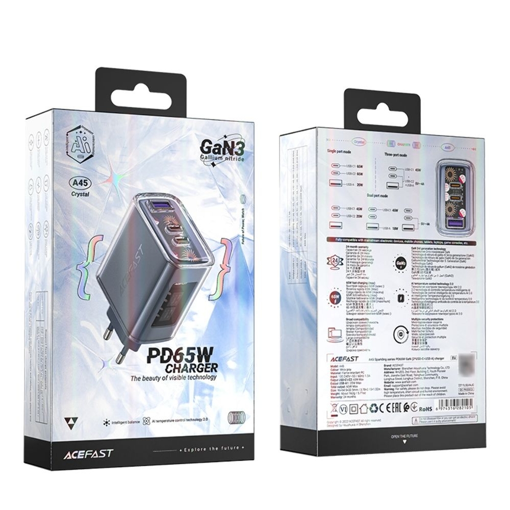 Сетевое зарядное устройство Acefast A45, 1 USB, 2 Type-C, Quick Charge, Power Delivery (65 Вт), GaN, серое