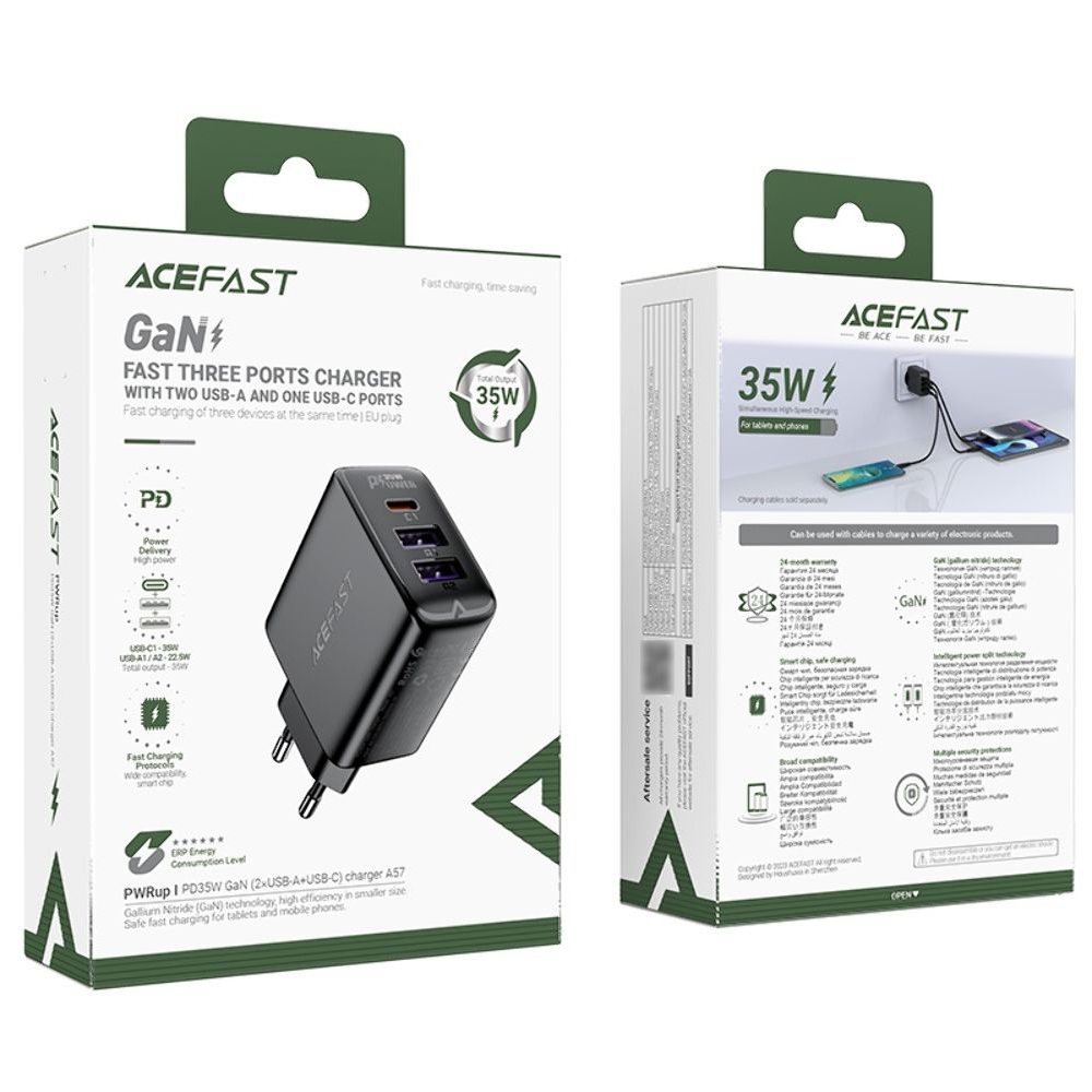 Сетевое зарядное устройство Acefast A57, 2 USB, Type-C, Quick Charge, , Power Delivery (35 Вт), GaN, черное
