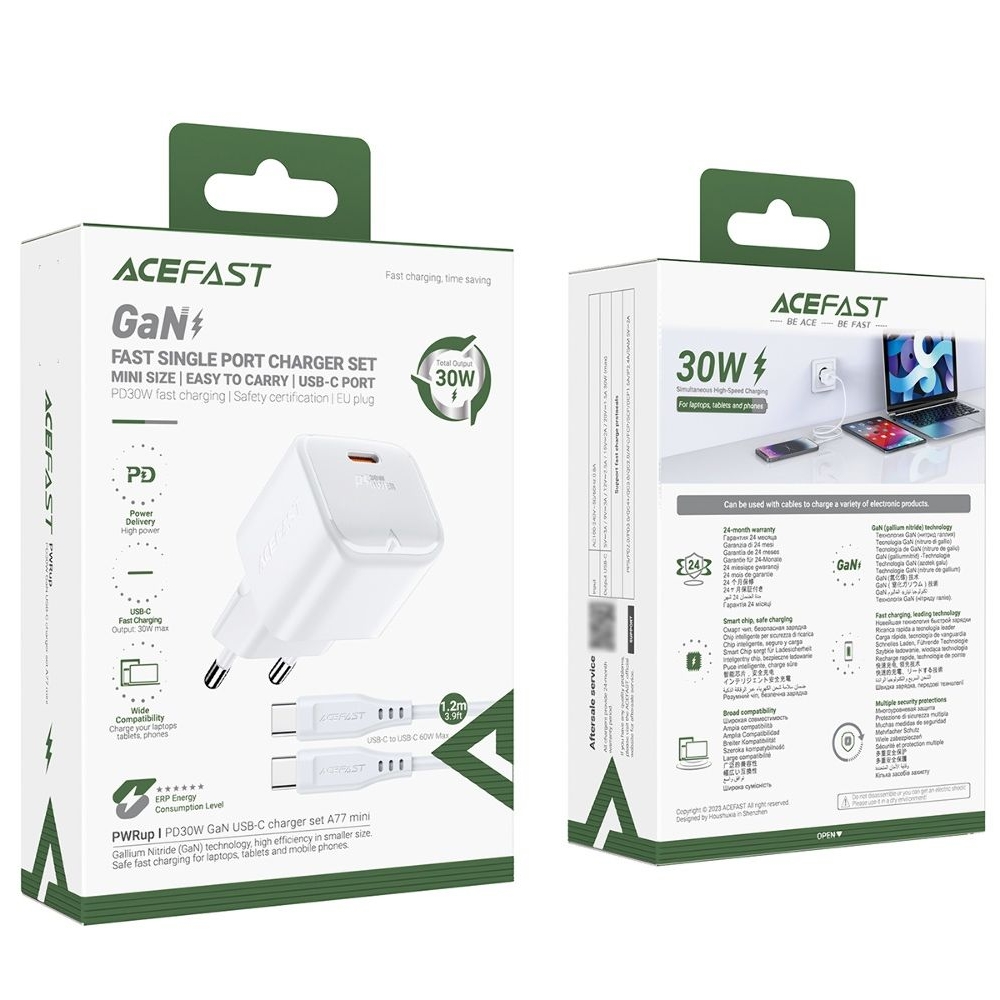 Сетевое зарядное устройство Acefast A77 mini Type-C , Power Delivery (30 Вт), GaN, с кабелем Type-C на Type-C, белое