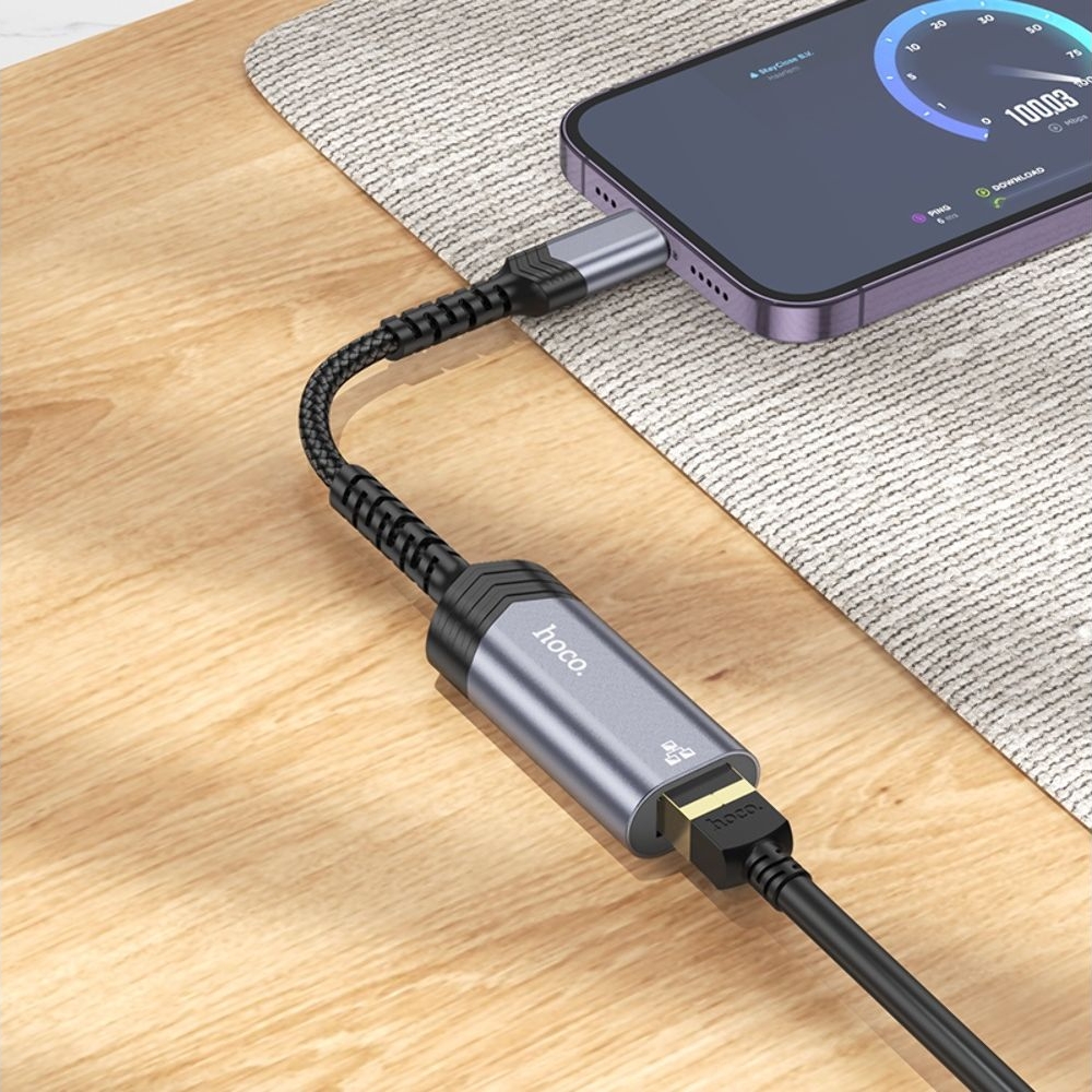 Адаптер переходник Hoco UA26 100 Mbps Lightning to RJ45 metal, сірий