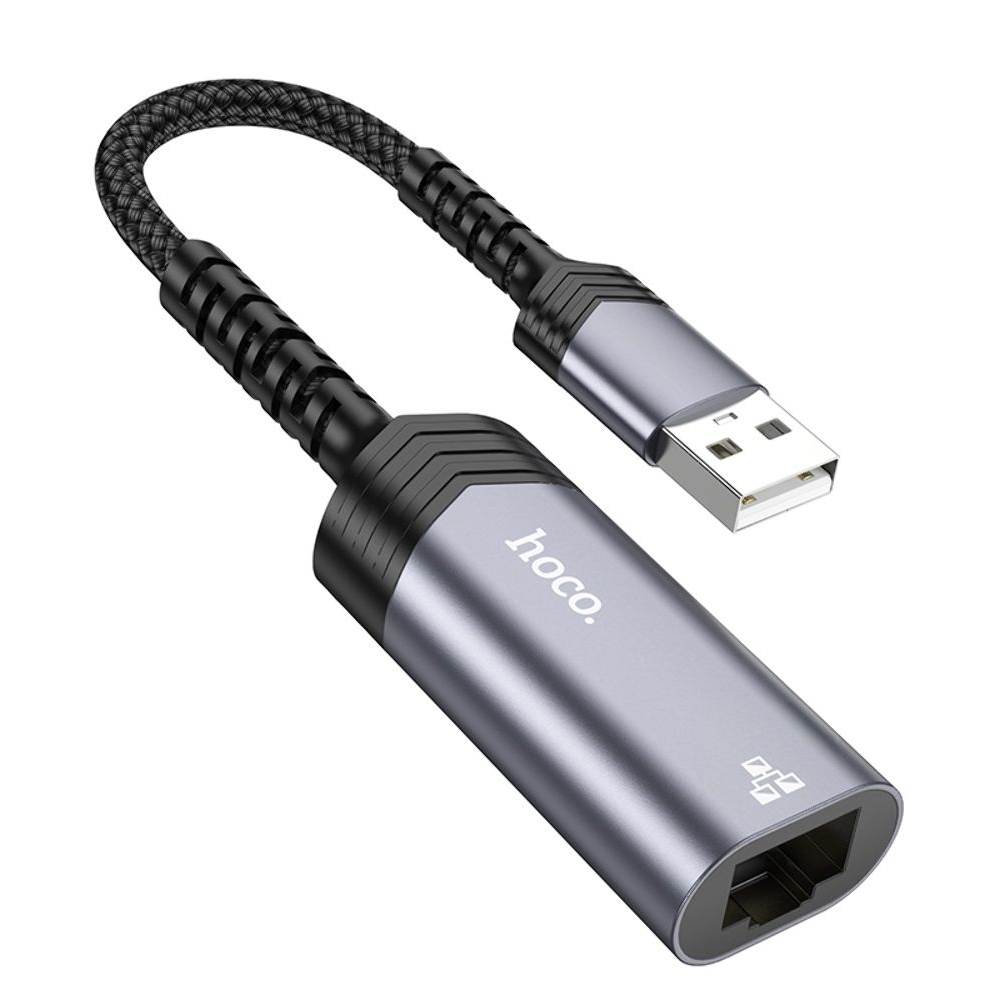 Адаптер переходник Hoco UA26 100 Mbps USB to RJ45 metal, сірий
