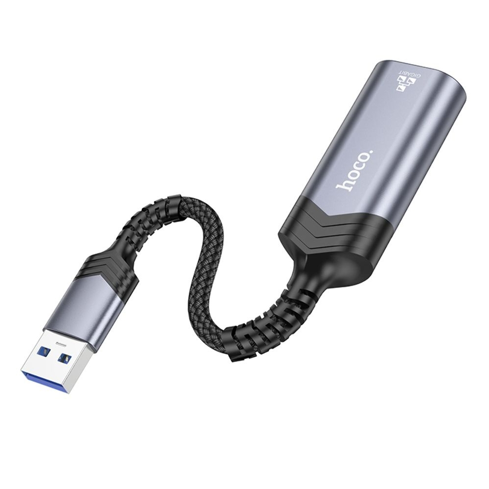 Адаптер переходник Hoco UA26 1000 Mbps USB to RJ45 metal, сірий