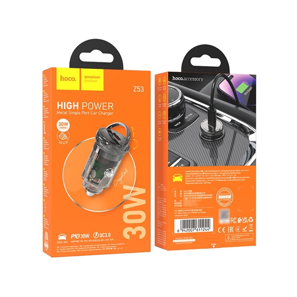 Автомобильний зарядний пристрій Hoco Z53 Type-C, Power Delivery (30 Вт), transparent, чорний | зарядка, зарядное устройство