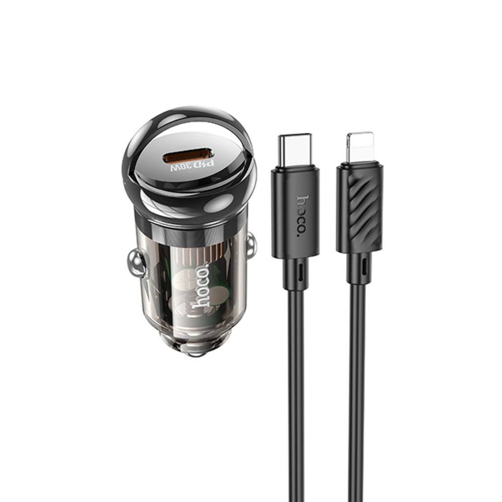 Автомобильний зарядний пристрій Hoco Z53 Type-C, Power Delivery (30 Вт), transparent, чорний + кабель Type-C на Lightning | зарядка, зарядное устройство