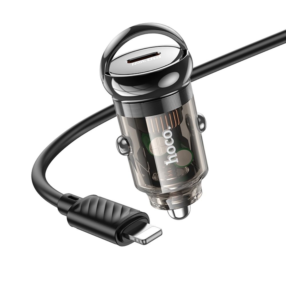 Автомобильний зарядний пристрій Hoco Z53 Type-C, Power Delivery (30 Вт), transparent, чорний + кабель Type-C на Lightning | зарядка, зарядное устройство