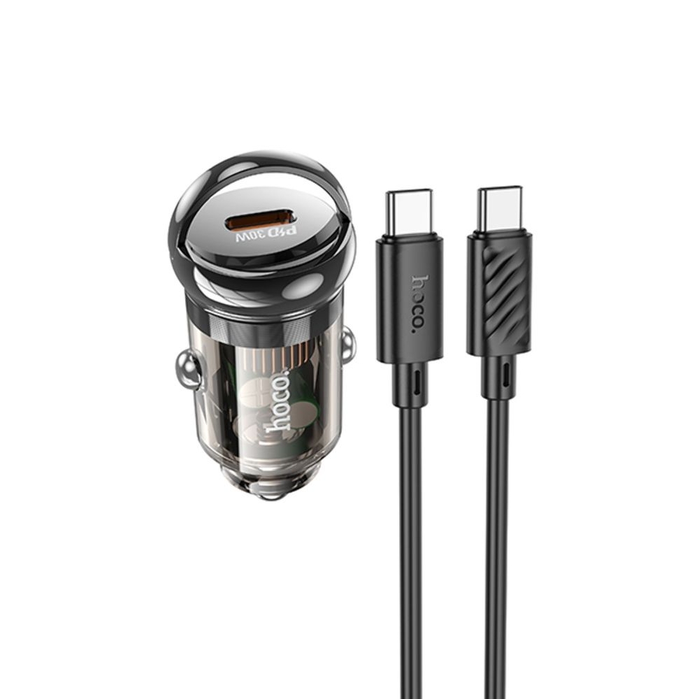 Автомобильний зарядний пристрій Hoco Z53 Type-C, Power Delivery (30 Вт), transparent, чорний + кабель Type-C на Type-C | зарядка, зарядное устройство