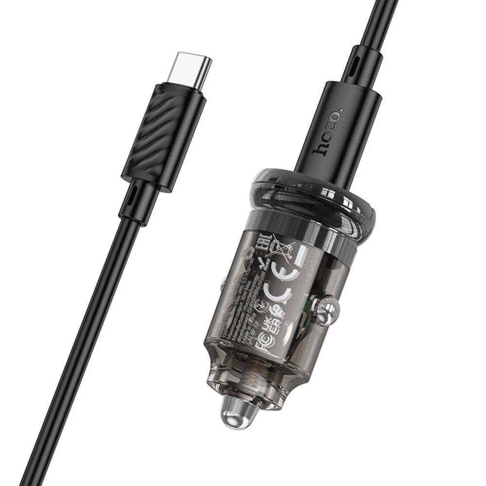 Автомобильний зарядний пристрій Hoco Z53 Type-C, Power Delivery (30 Вт), transparent, чорний + кабель Type-C на Type-C | зарядка, зарядное устройство
