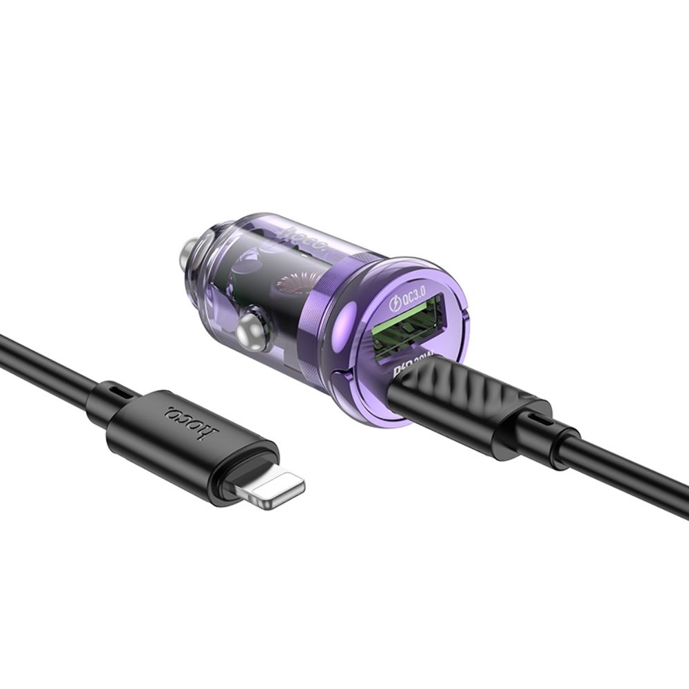Автомобильний зарядний пристрій Hoco Z53A USB/ Type-C, Power Delivery (30 Вт), Quick Charge, transparent purple + кабель Type-C на Lightning | зарядка, зарядное устройство