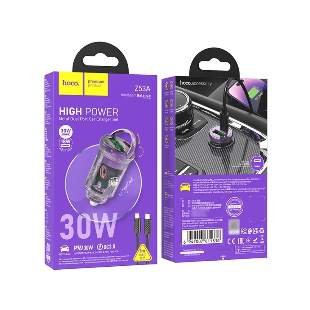 Автомобильний зарядний пристрій Hoco Z53A USB/ Type-C, Power Delivery (30 Вт), Quick Charge, transparent purple + кабель Type-C на Lightning | зарядка, зарядное устройство