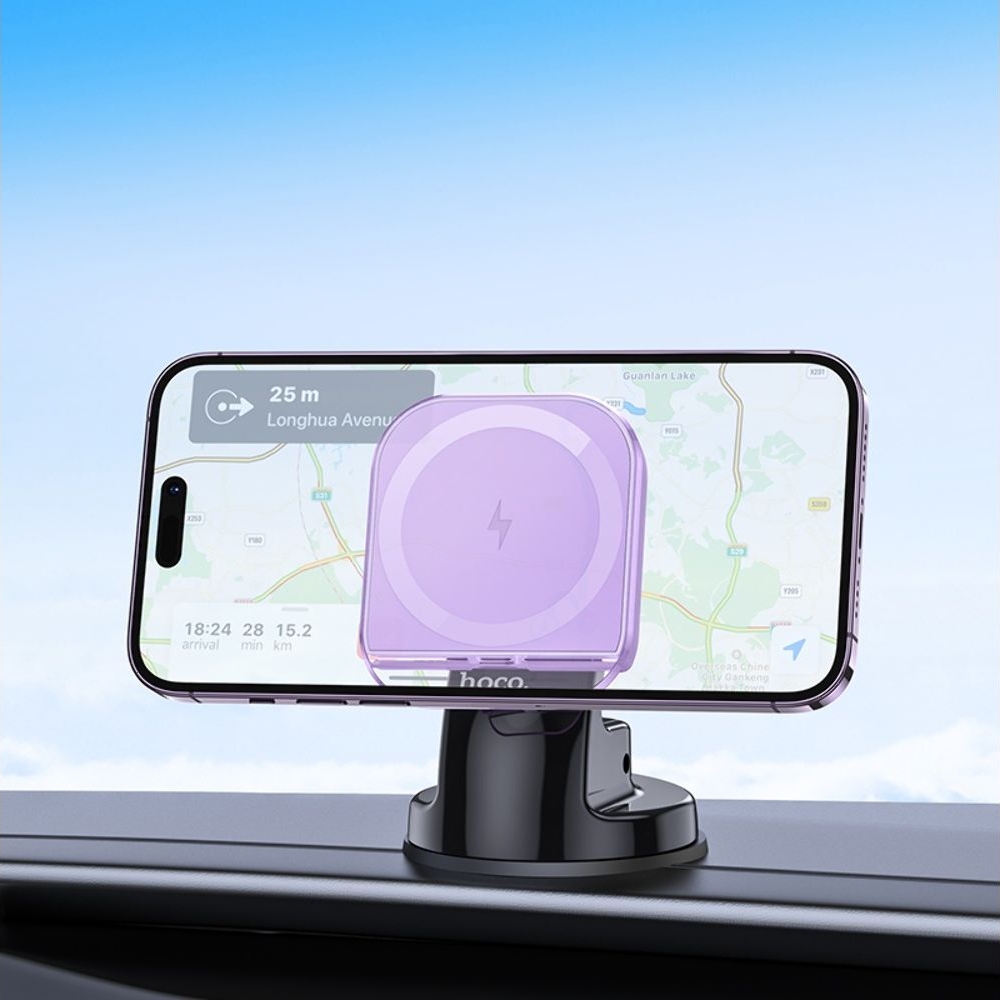 Автодержатель Hoco HW18, магнитный, с функцией беспроводной зарядки, romantic purp