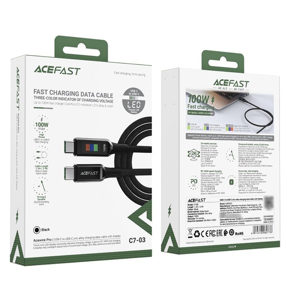 Кабель Acefast C7-03 с дисплеем Type-C на Type-C 1.2m, чорний