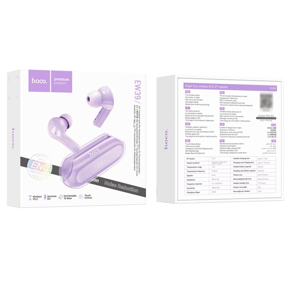 Наушники беспроводные вакуумные Hoco EW39 TWS purple