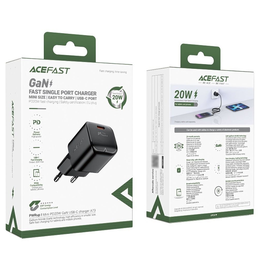 Сетевое зарядное устройство Acefast A73 mini Type-C, Power Delivery (20 Вт), GaN, черное