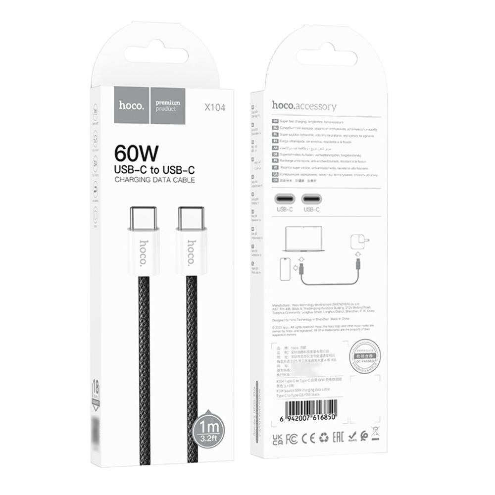 Кабель Hoco X104 Type-C на Type-C PD 60W 1m, чорний