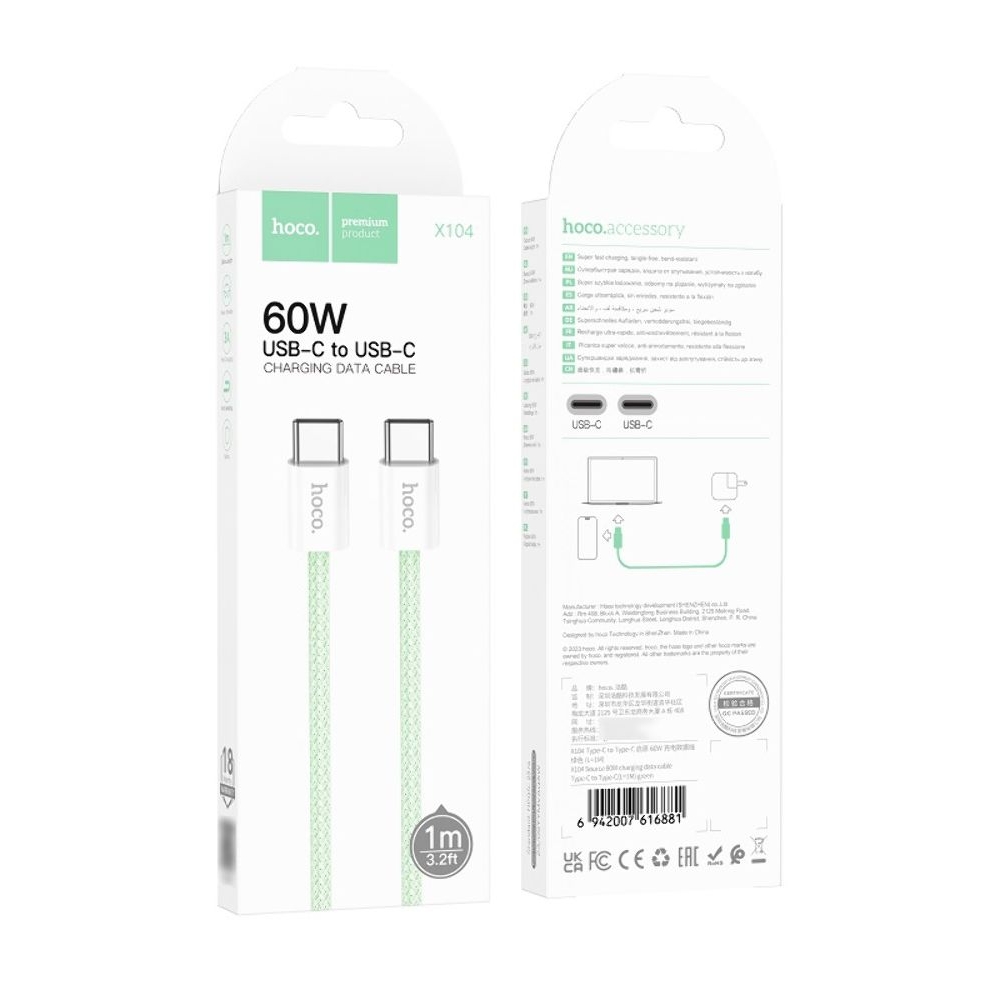 Кабель Hoco X104 Type-C на Type-C PD 60W 1m, зеленая
