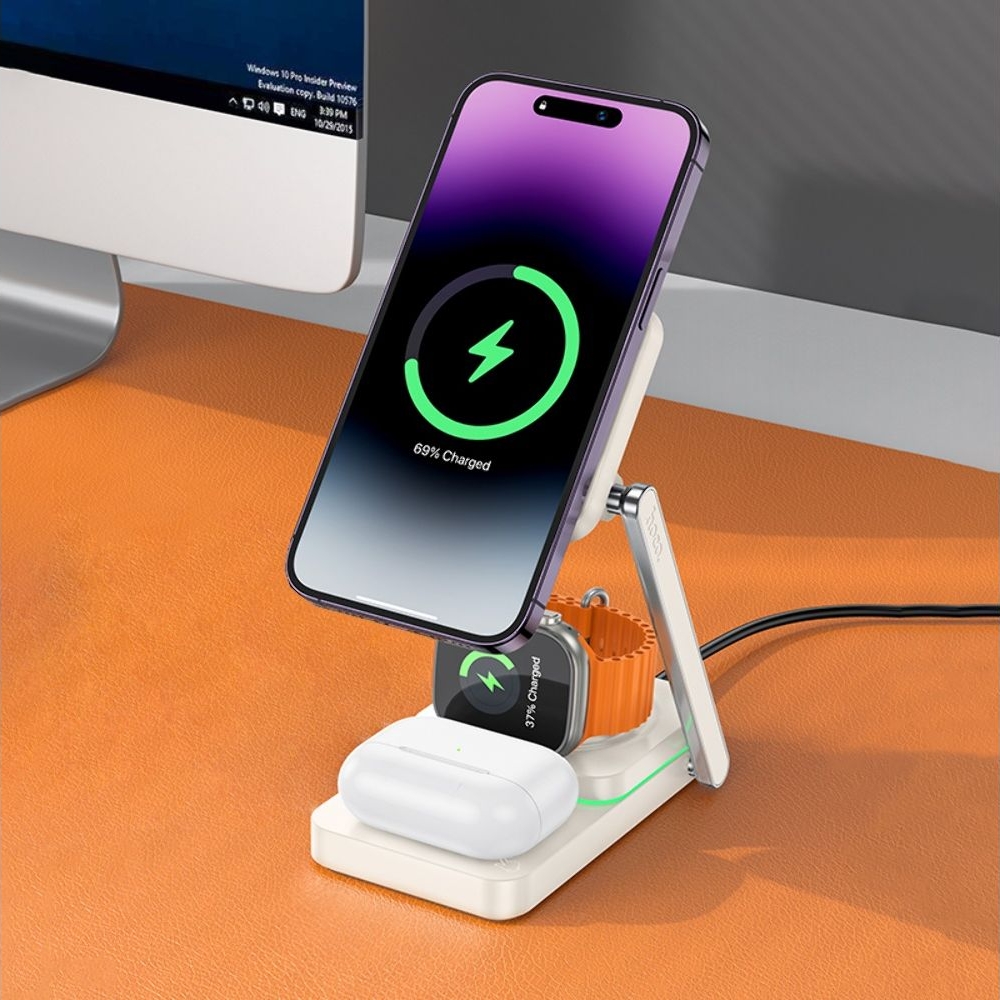 Бездротовий зарядний пристрій Hoco CQ10 3в1 milky, білий | беспроводное зарядное устройство