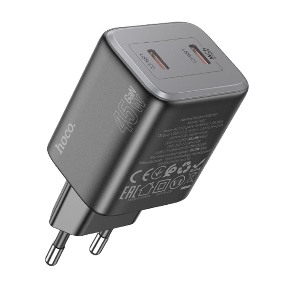 Сетевое зарядное устройство Hoco N42 2 Type-C Power Delivery (45 Вт), чорний