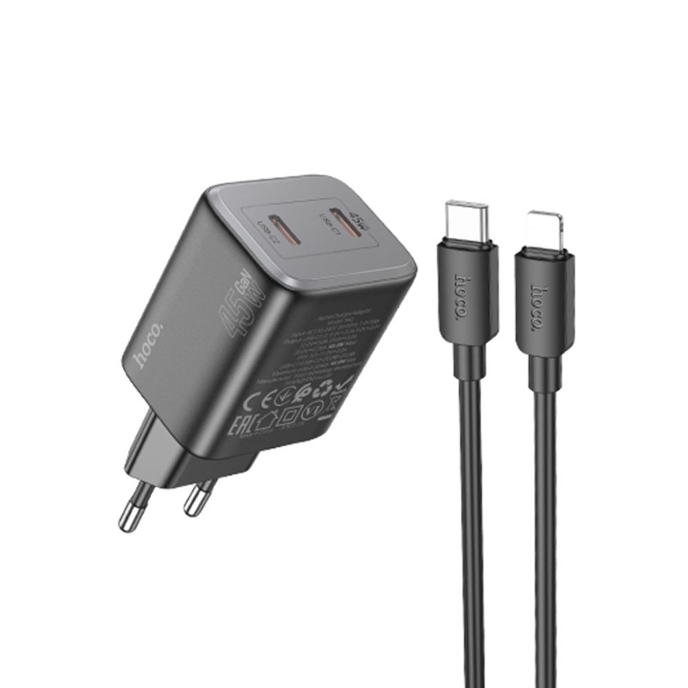 Сетевое зарядное устройство Hoco N42 2 Type-C Power Delivery (45 Вт), чорний + кабель Type-C на Lightning