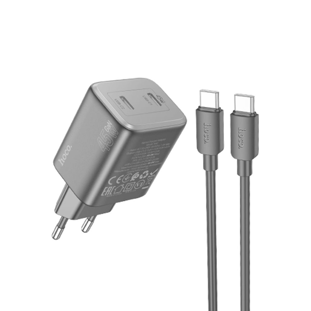 Сетевое зарядное устройство Hoco N42 2 Type-C Power Delivery (45 Вт), чорний + кабель Type-C на Type-C