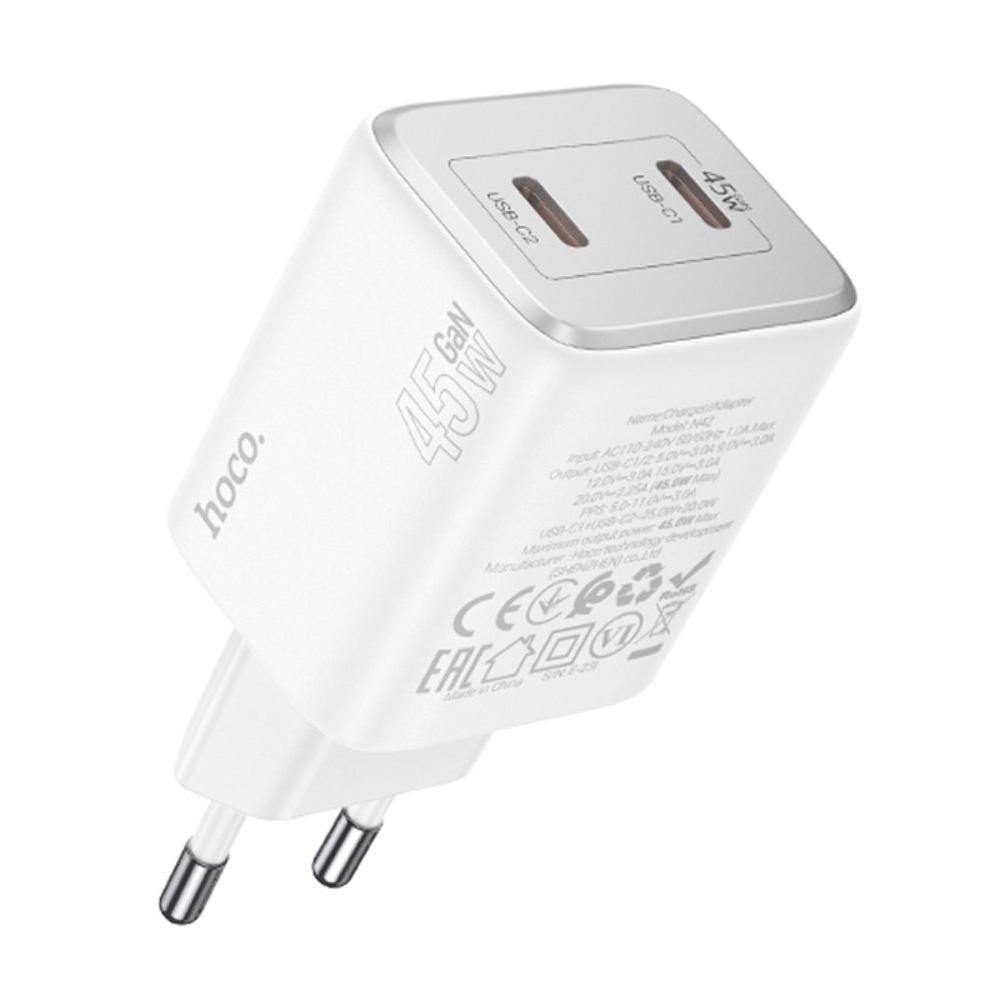 Сетевое зарядное устройство Hoco N42 2 Type-C Power Delivery (45 Вт), білий