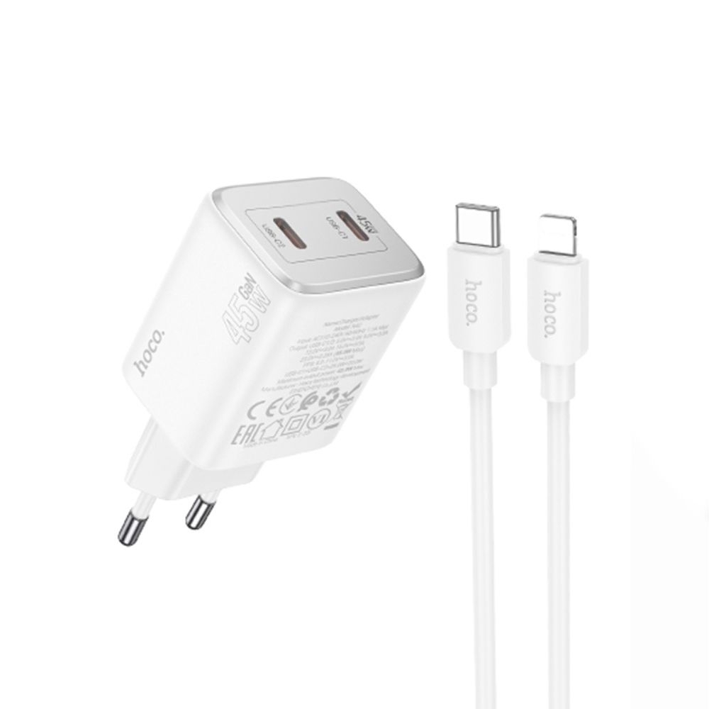 Сетевое зарядное устройство Hoco N42 2 Type-C Power Delivery (45 Вт), білий + кабель Type-C на Lightning