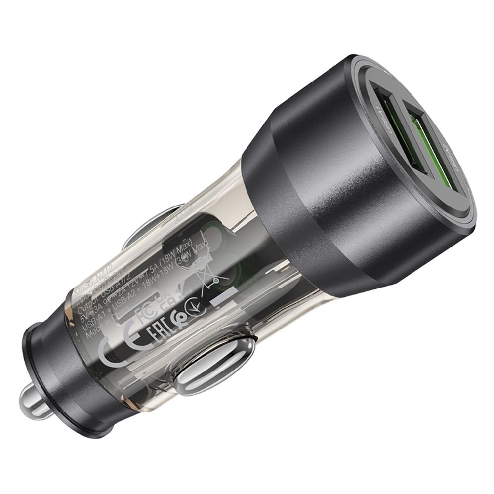 Автомобильний зарядний пристрій Hoco NZ12 2 USB, Quick Charge, 36W transparent, чорний | зарядка, зарядное устройство