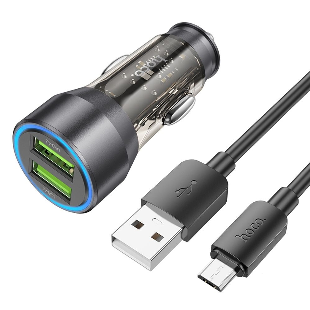 Автомобильний зарядний пристрій Hoco NZ12 2 USB, Quick Charge, 36W transparent, чорний + кабель USB to MicroUSB | зарядка, зарядное устройство