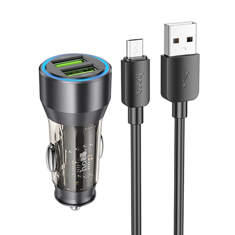 Автомобильний зарядний пристрій Hoco NZ12 2 USB, Quick Charge, 36W transparent, чорний + кабель USB to MicroUSB | зарядка, зарядное устройство