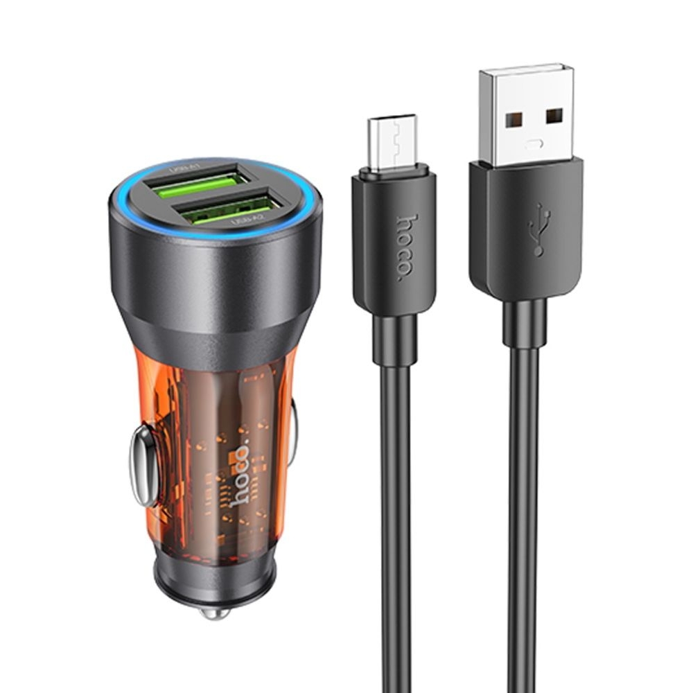 Автомобильний зарядний пристрій Hoco NZ12 2 USB, Quick Charge, 36W transparent orange + кабель USB to MicroUSB | зарядка, зарядное устройство