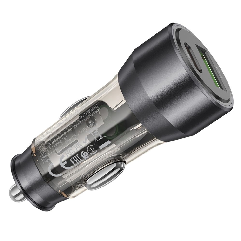 Автомобильний зарядний пристрій Hoco NZ12A USB/ Type-C PD 43W transparent, чорний | зарядка, зарядное устройство
