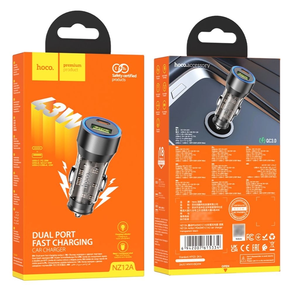 Автомобильний зарядний пристрій Hoco NZ12A USB/ Type-C PD 43W transparent, чорний | зарядка, зарядное устройство