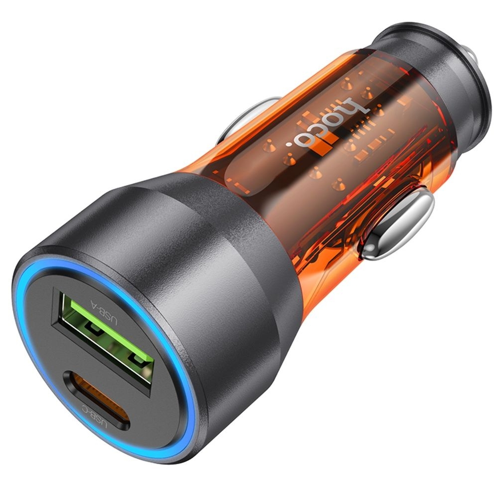Автомобильний зарядний пристрій Hoco NZ12A USB/ Type-C PD 43W transparent orange | зарядка, зарядное устройство